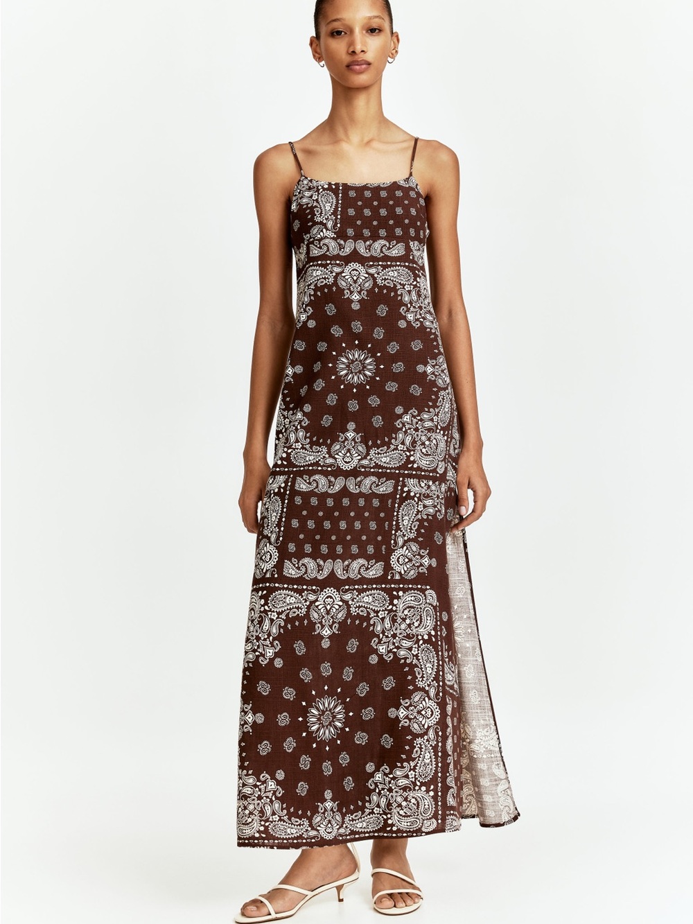 H&M Brown and White Bandana-Print Spaghetti-Strap Linen Blend Maxi Dress
